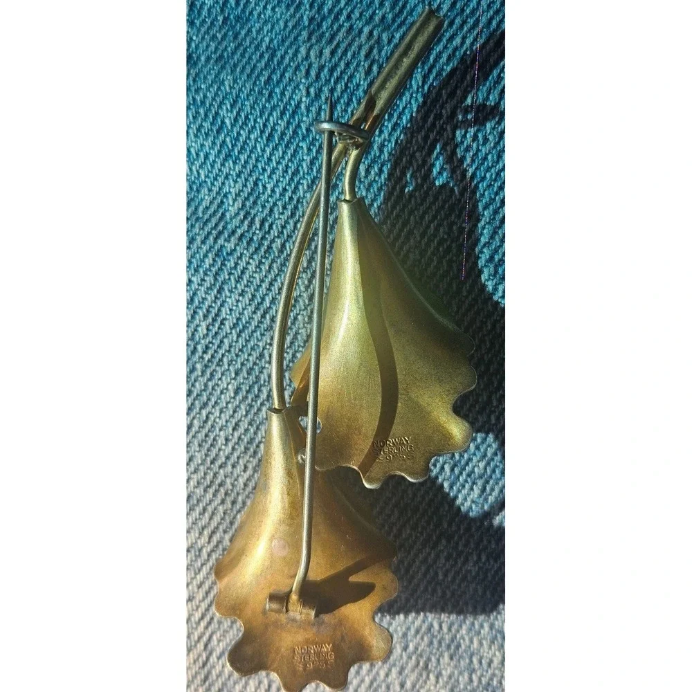 Aksel Holmsen Norway Sterling Mid-Century Vermeil Enamel Double Orchid Brooch
